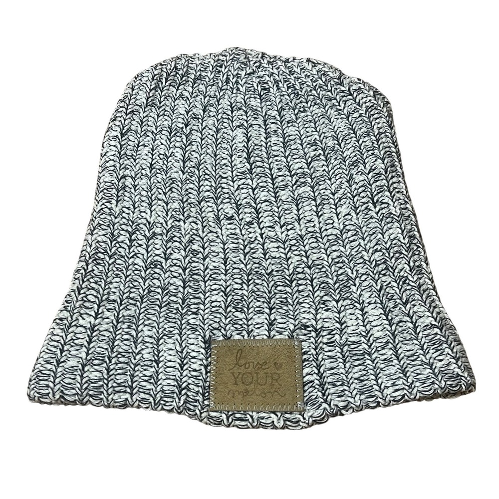LOVE YOUR MELON Black Speckled Cotton‎ USA OVERSIZED Beanie Hat Leather Patch